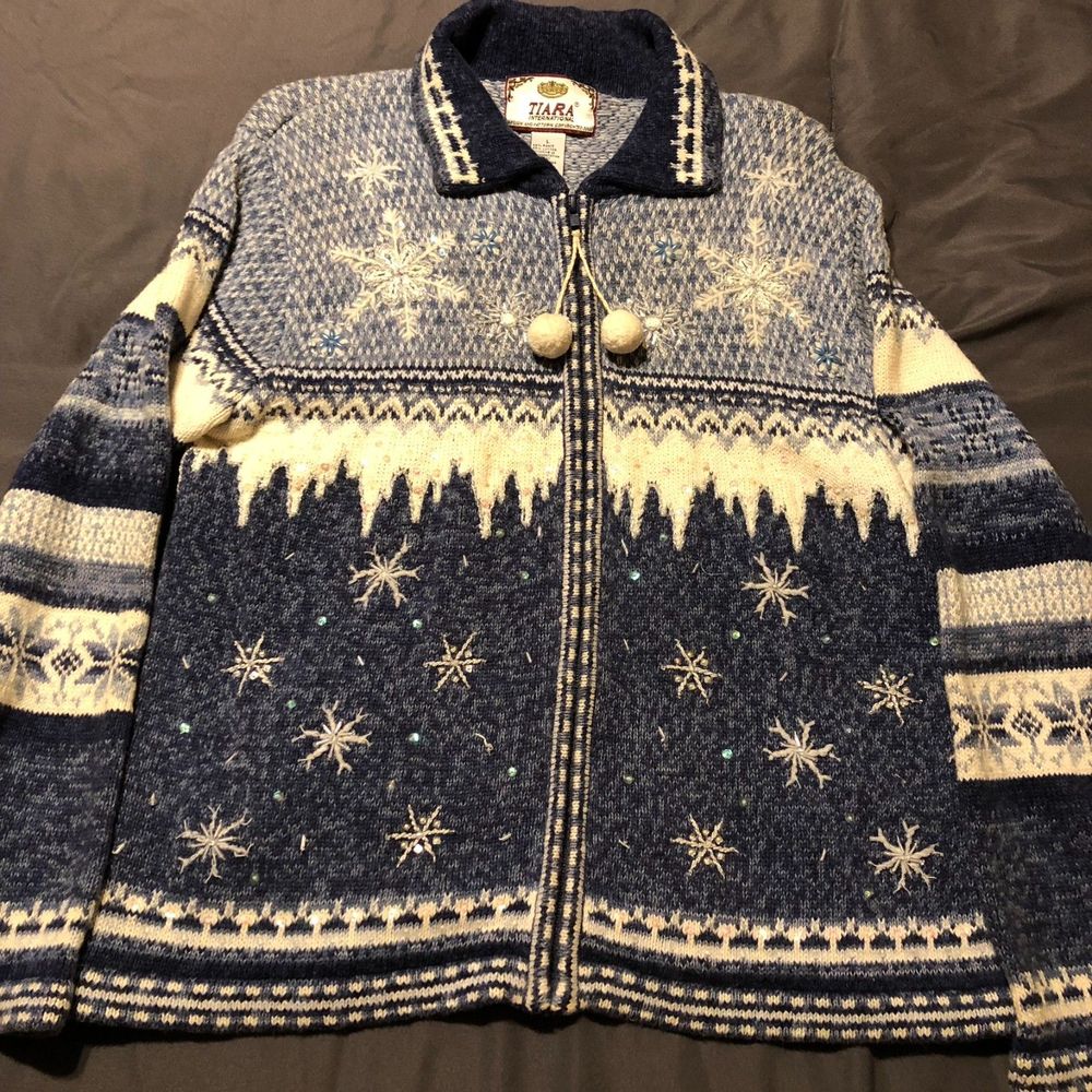 VTG Tiara International Blue Snowflake Sequence Zip Sweater Jacket Womens Size L